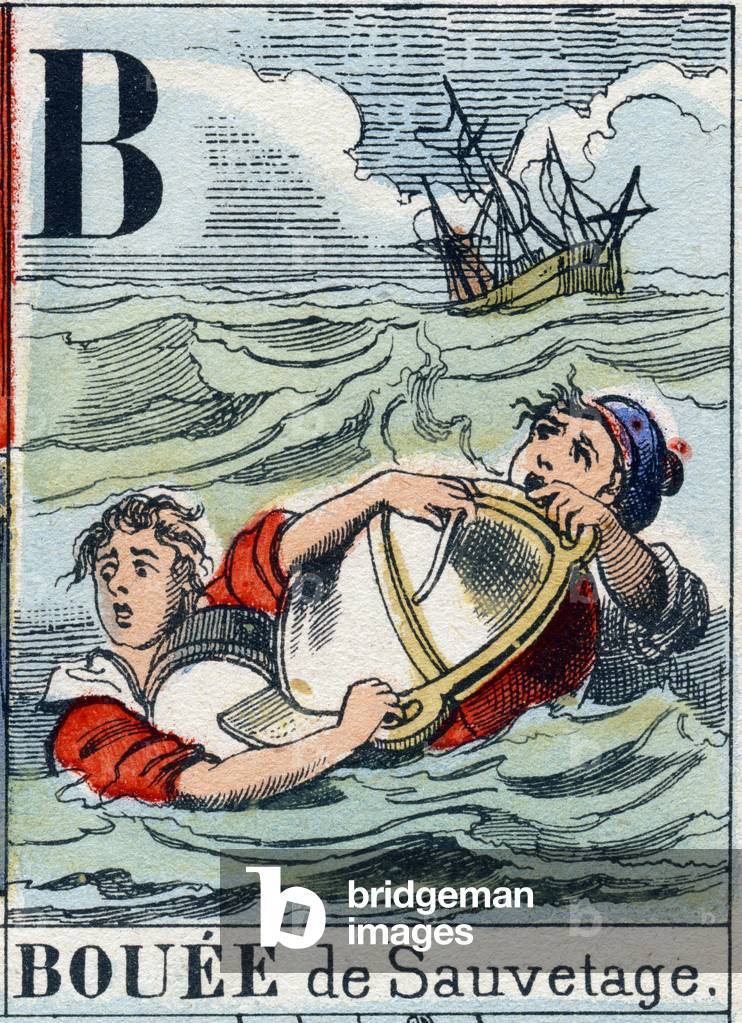 Letter B as lifebuoy. Navy alphabet . Epinal image, late 19th century. Stencil-coloured wood engraving