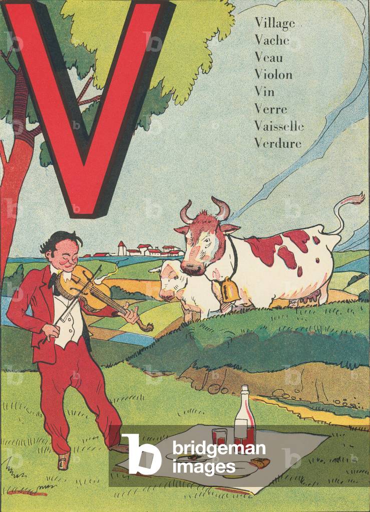 V: Village, Cow, Veal, Violin, Wine, Glass, Crockery, Greenery