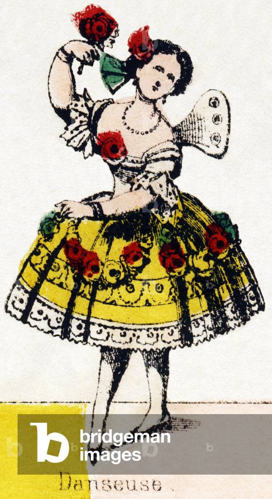 Dancer. Engraving in “” Characters and Costumes vary””. New Epinal Imaging. Imp. lith. Pinot et Sagaire, booksellers publishing at Epinal. Plate Ná411. Stencilled lithographs. Around 1850. Dim: 41 x 28 cm. Private Collection
