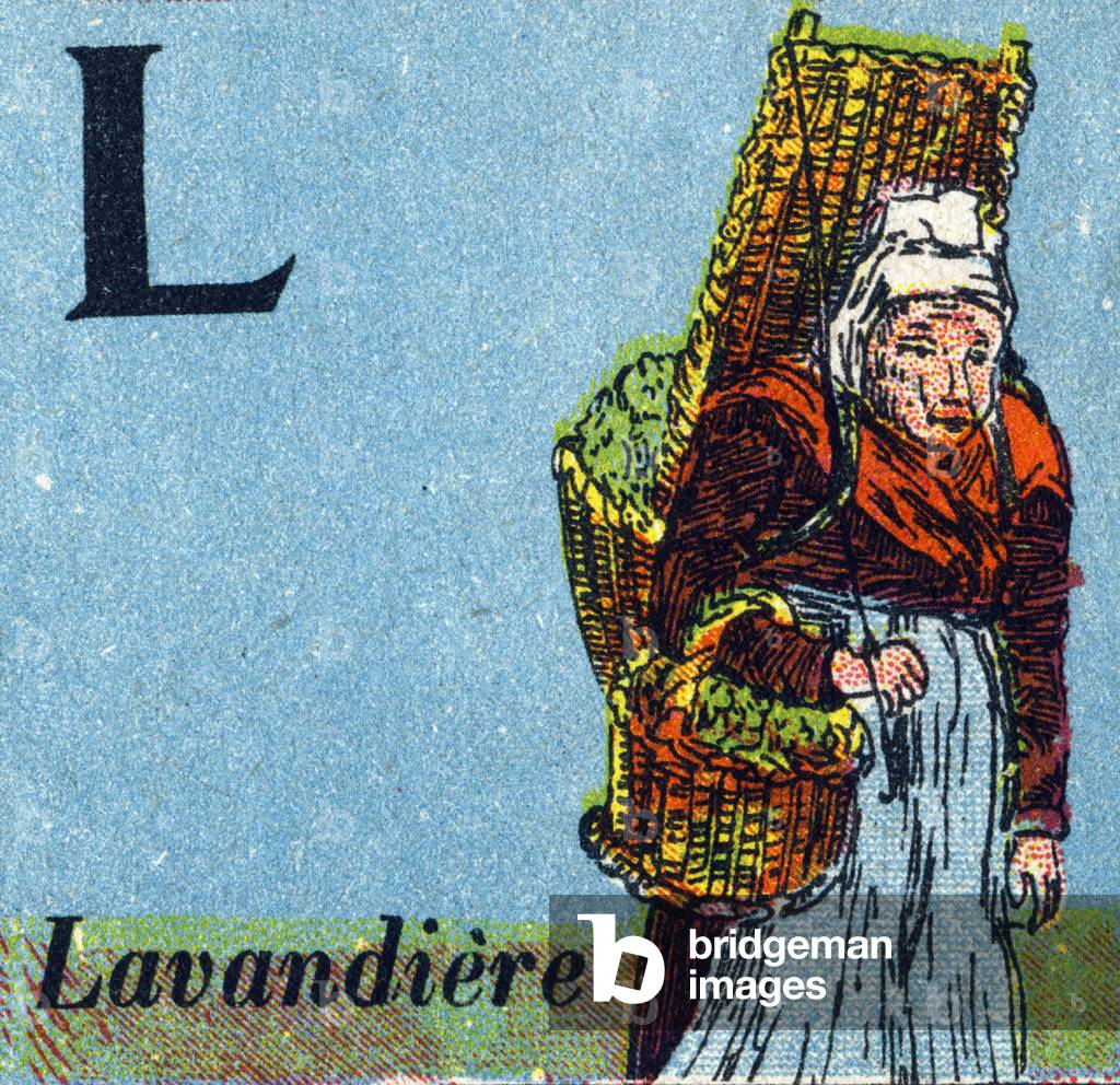 Letter: L (Lavandiere). Recreative alphabet. Chromolithography, undated (ca. 1920). Offered by “La Samaritaine de Nancy”. Small booklet containing a reading method and an illustrated abecedary. 8 pages. Dim: 17,5x13cm. Private Collection