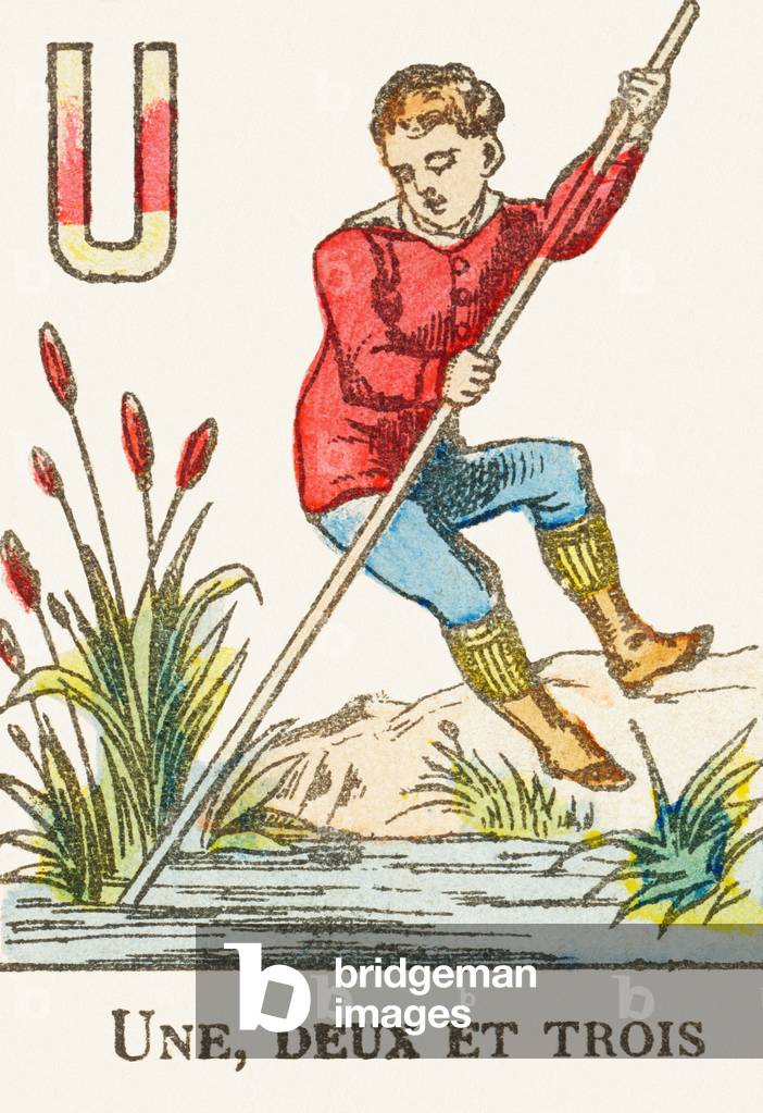 U : Une, deux et trois, a boy is ready to jump over a river helped by a long stick  - Games Alphabet, c.1890 (engraving)