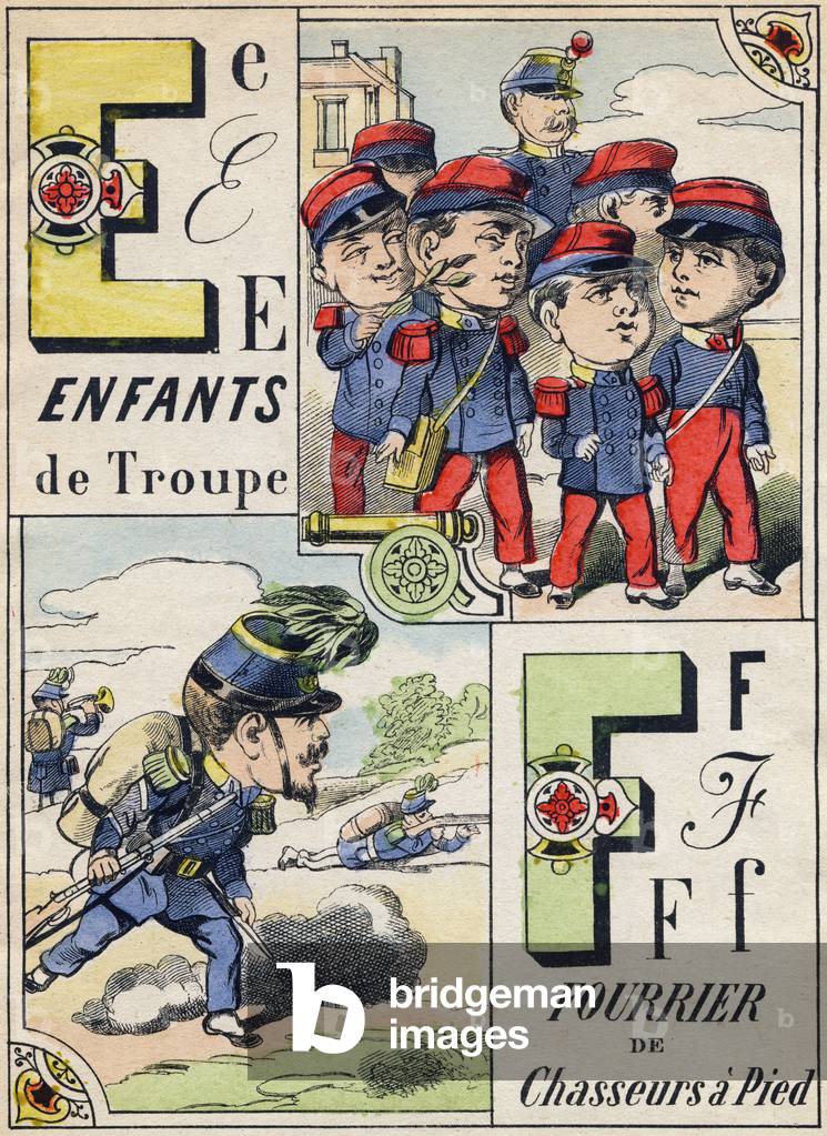 Letters E F: Troop Children and Foot Hunters. Engraving in 