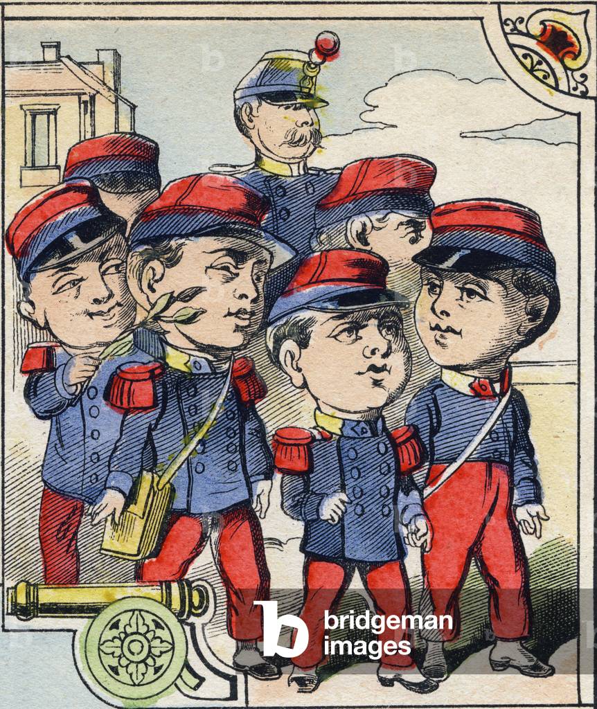 Troop children. Engraving in 