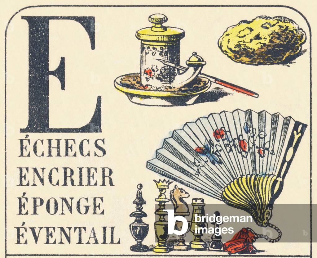 E : echecs, encrier, eponge, eventail - ABC des choses usuelles. Pellerin & Cie, imprimeurs-editeurs, Epinal, vers 1890. Dimensions : 16,5 x 11 cm.