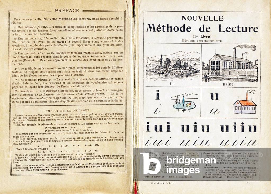 Island, factory - Preface and lecon 1, First booklet - New method of reading. Reading, Writing, Spelling, Childish drawing by Gabet & Gillard. Hachette, Paris, 1927. Dimensions: 18.5 x 13.5 cm