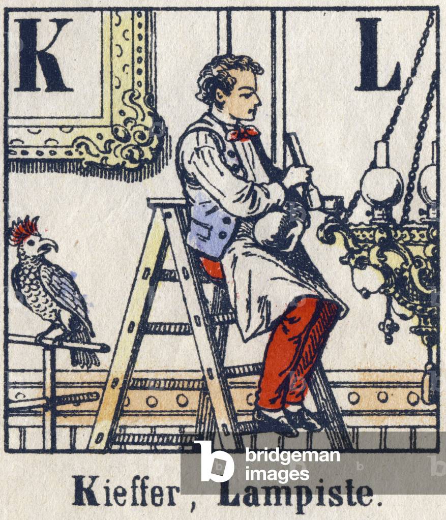 Bild von Gravur "Buchstaben K und L: Kieffer und die Spur. Alphabet der Berufe. Delhalt-Bilder" 1801 von Frenc