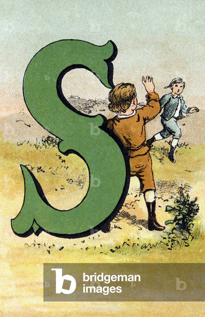 Letter S. Young boy greeting a comrade. Engraving (Chromolithography - Chromo) in “” The Great Bebe Alphabet””. Paul Bernardin, bookseller-publisher, Paris, circa 1900. Bibliotheque des Bebes. 12 pages. Album containing a simplified reading method and an illustrated abecedary. Dim: 28,5x19cm. Private Collection