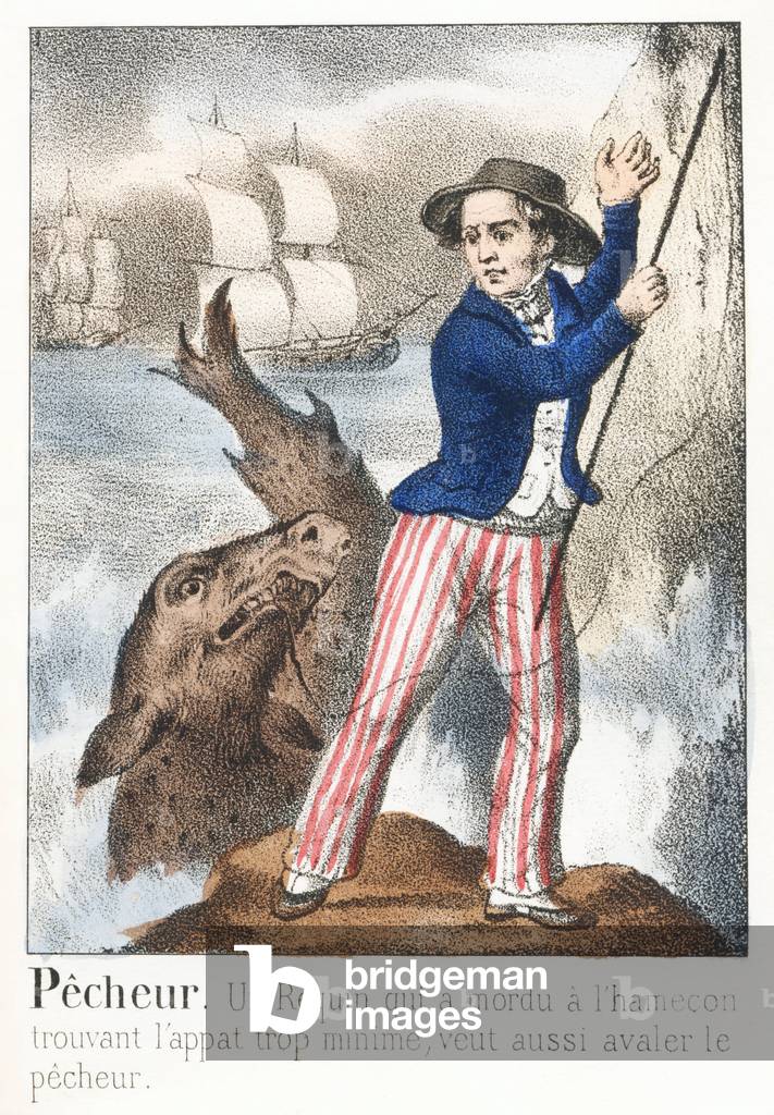 Peer. A shark that bitten the hamecon finding the bait too minimal, also wants to swallow the sinner, c.1830 (engraving)