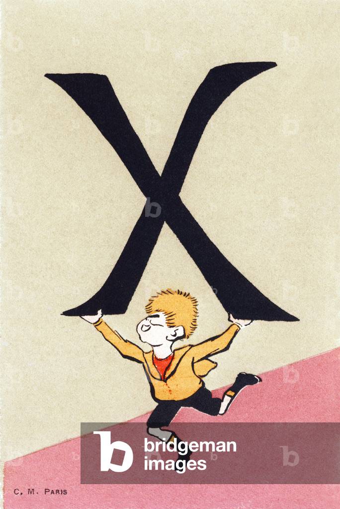 X - Alphabet enfants. C. M. editeur, Paris. Cartes postales peintes e la main, affranchies en 1904. Dimensions : 14 x 9 cm