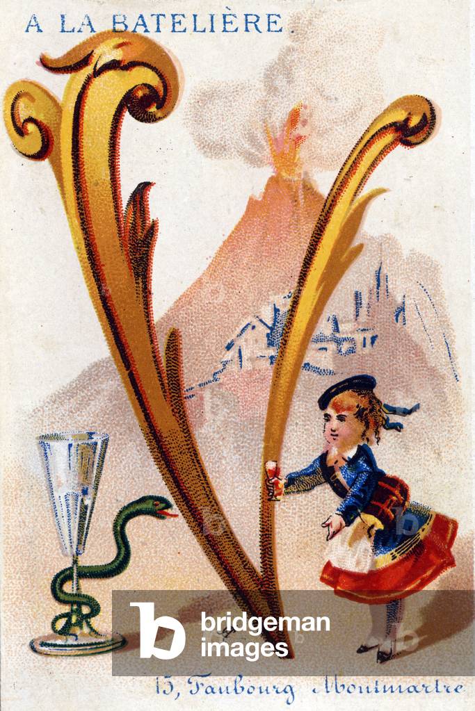 Letter V: vivandiere, viper, volcano, village, glass. Alphabet Art Nouveau: Series of 25 advertising chromolithographs. Lithography by Alfred Clarey, late 19th century. Dim 115x75mm
