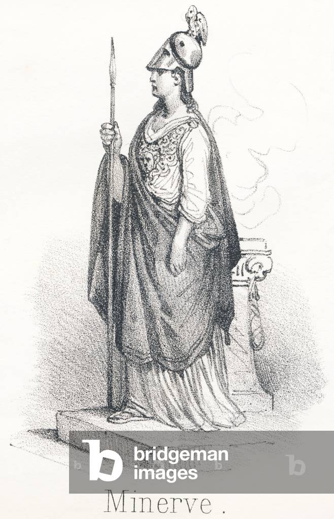 M Minerve: Goddess out of Jupiter's head, armed with foot in cape and spear in hand Under the name of Minerva, she was goddess of wisdom and under the name of Pallas, she was goddess of war