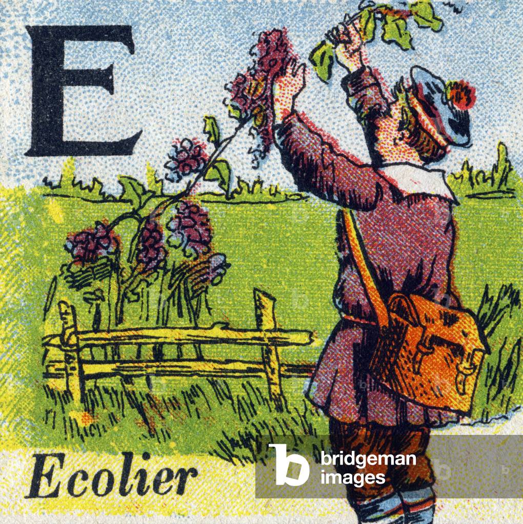 Letter: E (school boy). Recreative alphabet. Chromolithography, undated (ca. 1920). Offered by “La Samaritaine de Nancy”. Small booklet containing a reading method and an illustrated abecedary. 8 pages. Dim: 17,5x13cm. Private Collection