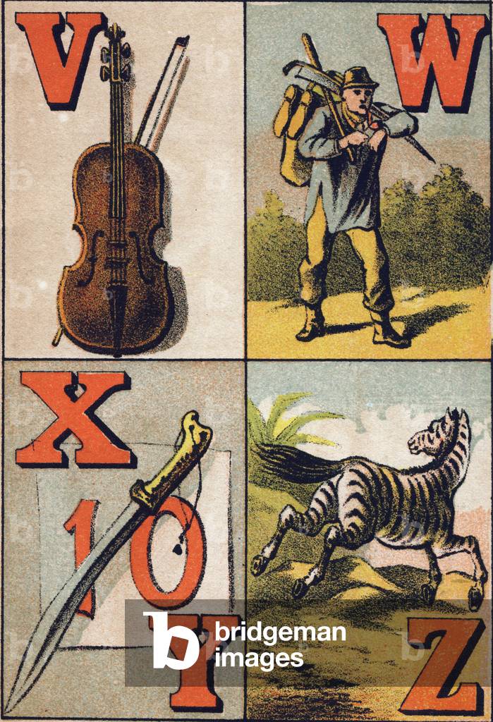 Letter V, W, X, Y and Z: Violin, William, Xavier, Yatagan and Zebre. ABC. Franco-German abecedaire. Late chromolithography of the 19th century. Unknown editor. 16 pages. Dim: 17x11,5cm