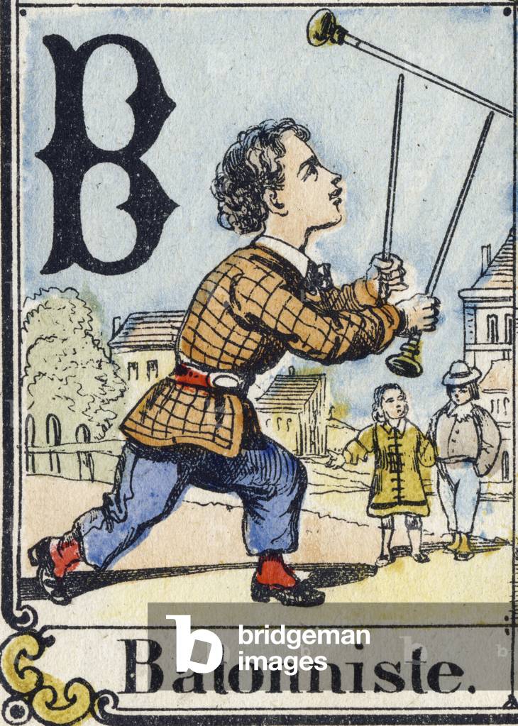 Letter B: Batonist (devil's stick). Recreative alphabet. Epinal imaging. Stencilled wood engravings, circa 1880. Small booklet of 16 pages (205 x 150 mm). Private Collection