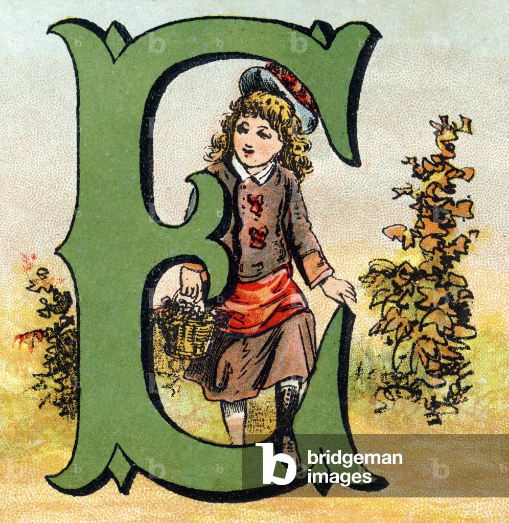 Letter E. A girl coming back from the woods with a basket filled with mushrooms. Engraving (Chromolithography - Chromo) in “” The Great Bebe Alphabet””. Paul Bernardin, bookseller-publisher, Paris, circa 1900. Bibliotheque des Bebes. 12 pages. Album containing a simplified reading method and an illustrated abecedary. Dim: 28,5x19cm. Private Collection