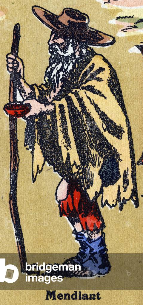 A beggar. Illustrated alphabet. Imageries reunited in Jarville-Nancy, beginning of the 20th century. Dim: 40 x 29 cm. Lithography on a bistre background