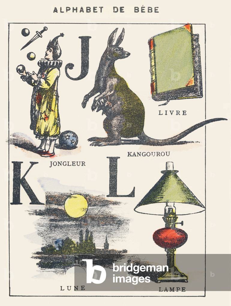 J K L: juggler, kangaroo, book, moon, lamp