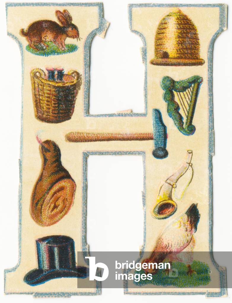 H: hare, hive, harvest-basket, harp, hammer, ham, horn, hat, hen (colour litho)