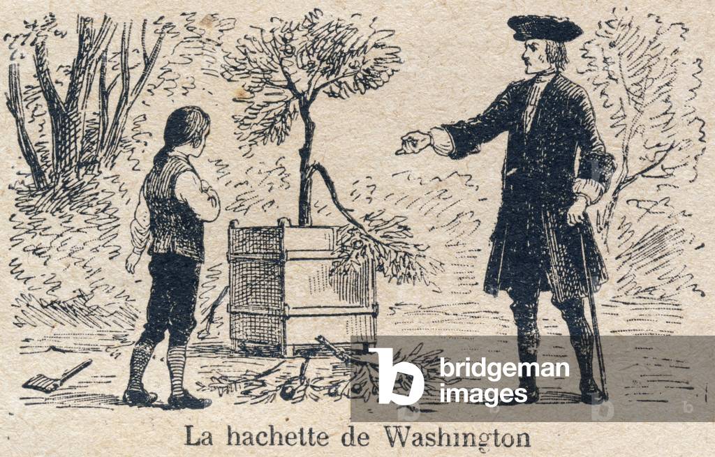 Washington hatchet. Duties towards oneself: the soul. Veracite - Franchise. Engraving in “” The unique book of morality and civic instruction, intended for students of the three courses of the Primary School and those of the primary classes of the Lycees et Colleges, First Part: Morale” by A. Miglet (Primary Inspector Officer of Public Instruction) and H. Bernat (Teacher). Work redige in accordance with the instructions given by the Inspectorate-General in 1893 on the teaching of morals. Edition of 1919 (seventeenth). Godchaux et Cie, printers-publishers, Paris. Drawings by G. Dascher, grave by Bordier. Private Collection