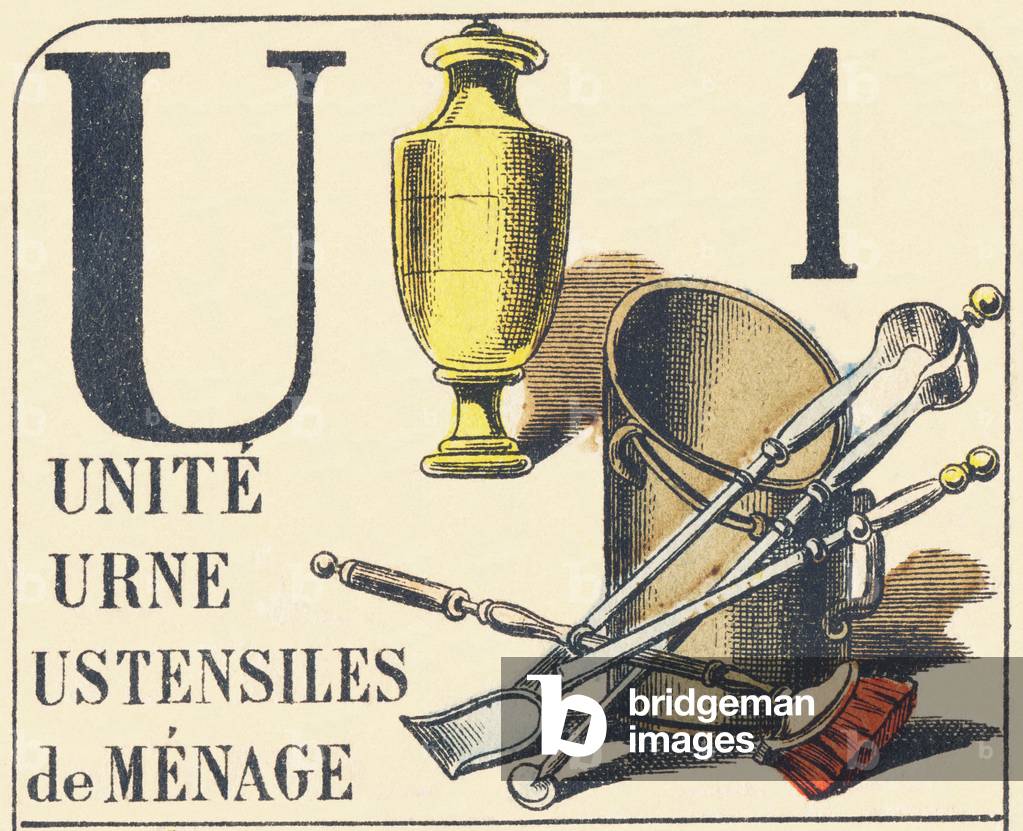U : unite, urne, ustensiles de menage - ABC of everyday things, 1890 (illustration)