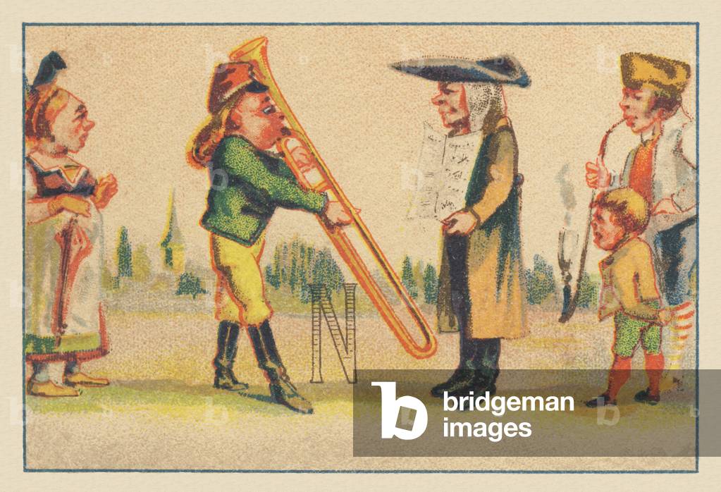 N (letter shown by a trombonist and a man holding a score)