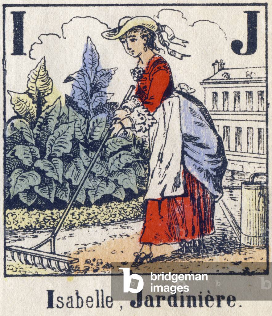Letters I and J: Isabelle the gardener. Alphabet of professions. Delhalt imagery, second half of the 19th century. Dim: 40x29,3cm