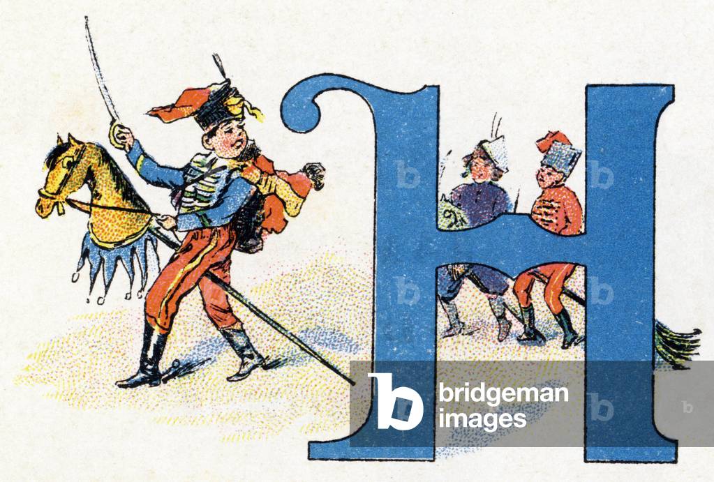 Buchstabe H: Hussard. Alphabet der Phosphatine Falieres . Kupferstich. Brevete Alphabet S.G.D.G. von Apotheker