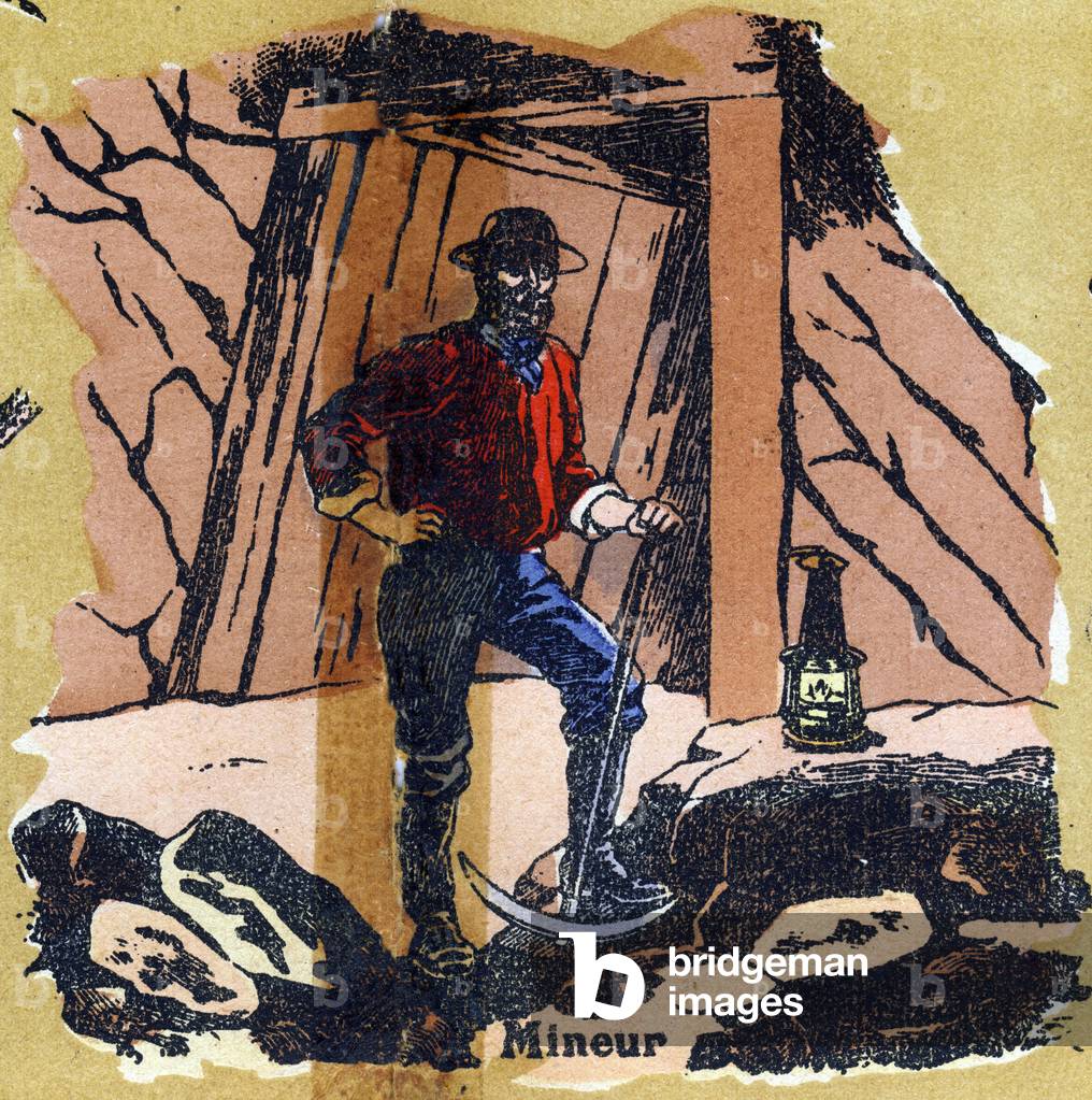 Miner with a pickaxe working in a mine. Illustrated alphabet. Imageries reunited in Jarville-Nancy, beginning of the 20th century. Dim: 40 x 29 cm. Lithography on a bistre background
