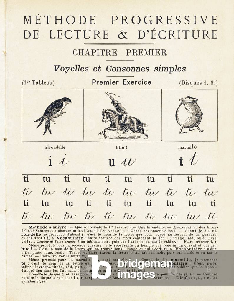 Swallow - Hue! (rider running his horse) - pot - Progressive Method (Reading and Writing) by Bizeray, Lebosse, Lepine, Inspectors of Primary Education & Gaudin, Public Teacher. Alcide Picard, editor, Paris, 1905. Dimensions: 19 x 14.5 cm.
