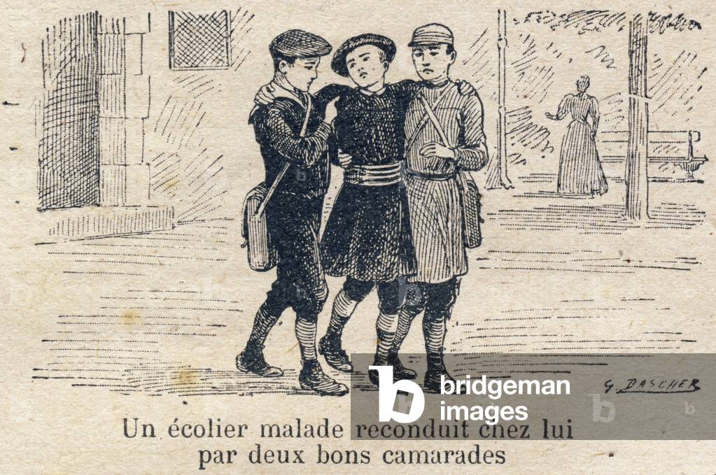 Duties of the child at school: Duties towards our comrades. Sick schoolboy brought home by two good comrades. Engraving in “” The unique book of morality and civic instruction, intended for students of the three courses of the Primary School and those of the primary classes of the Lycees et Colleges, First Part: Morale” by A. Miglet (Primary Inspector Officer of Public Instruction) and H. Bernat (Teacher). Work redige in accordance with the instructions given by the Inspectorate-General in 1893 on the teaching of morals. Edition of 1919 (seventeenth). Godchaux et Cie, printers-publishers, Paris. Drawings by G. Dascher, grave by Bordier. Private Collection