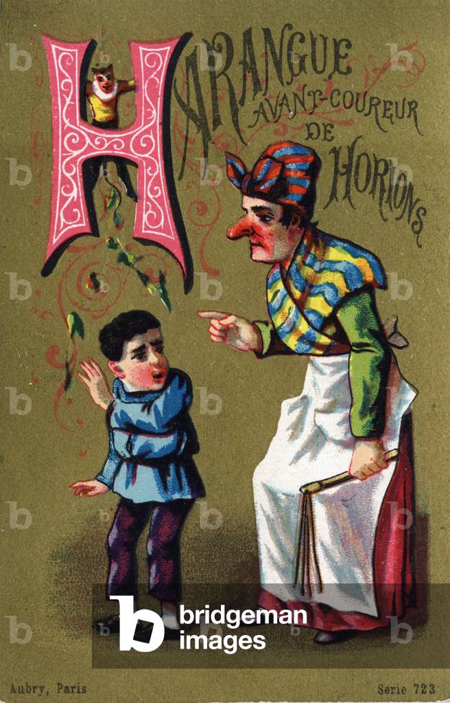 Letter H: Harangue before horion runner. Engraving in 