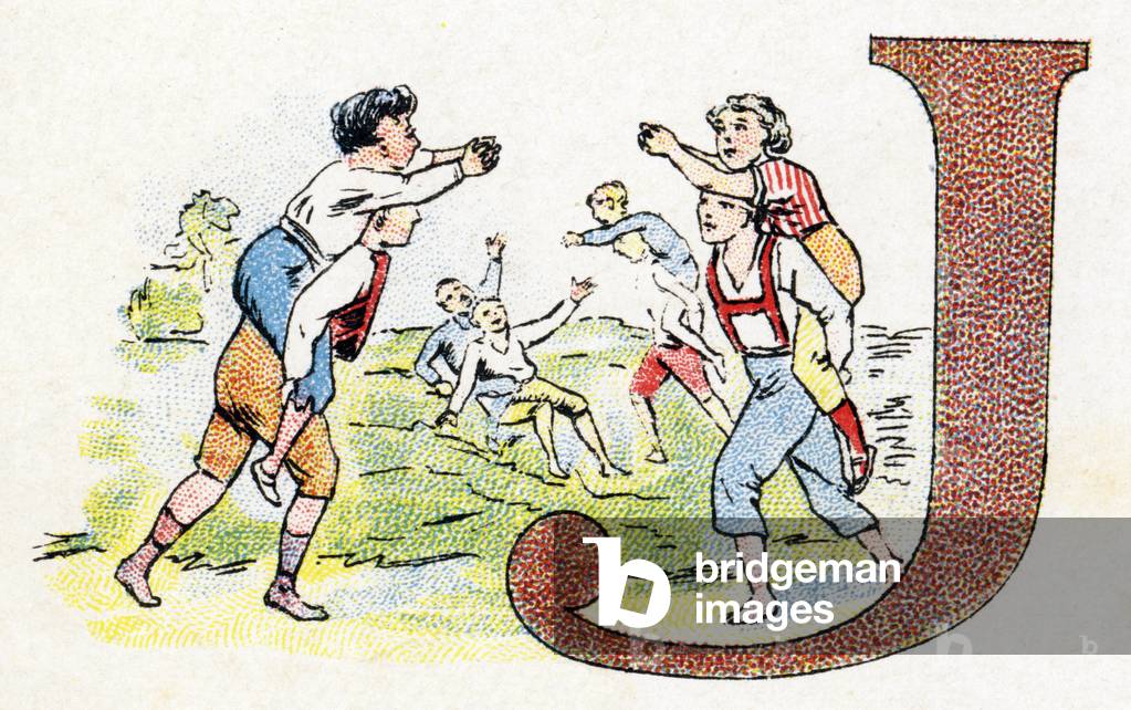 Letter J: Game. Alphabet of Phosphatine Falieres . Engraving. Brevete alphabet S.G.D.G. by pharmacist Pierre Emile Falieres . Illustrations in chromolithography, late 19th century. 16 pages. Dim: 103x154mm