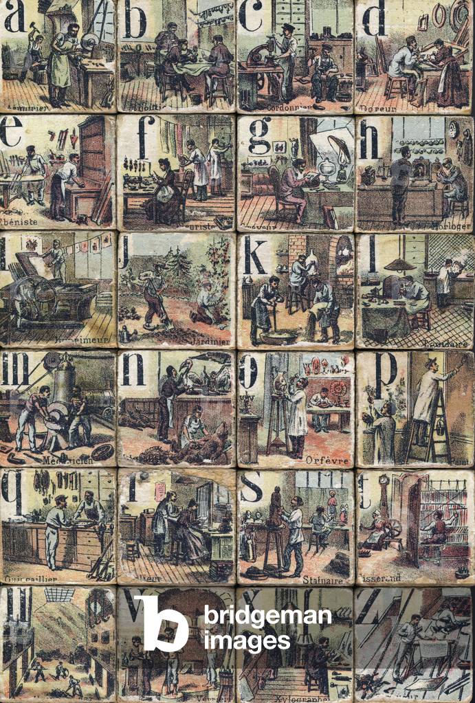 Alphabetic cubes. Box of 30 cubes dating from 1898. Cover illustrated by H. Roy. Publisher unknown. One side of 24 cubes is devoted to trades. Private collection.