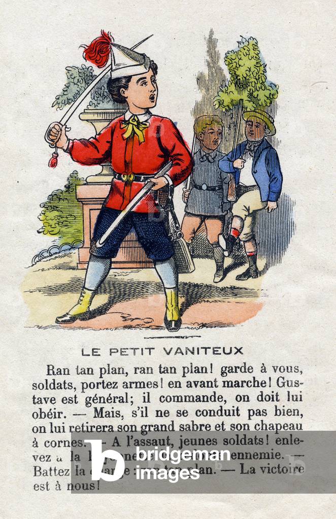 The vain little. Child dislikes in general and giving orders to his comrades. Little boys alphabet. Abecedary has moral value containing reading exercises. Epinal imaging late 19th century