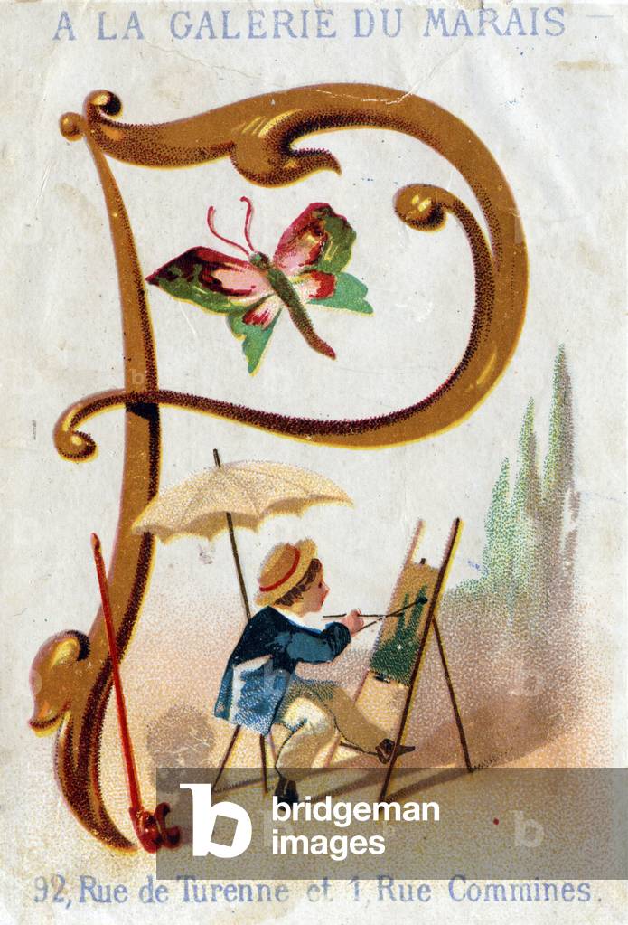 Letter P: painter, butterfly, parasol, pipe. Alphabet Art Nouveau: Series of 25 advertising chromolithographs. Lithography by Alfred Clarey, late 19th century. Dim 115x75mm