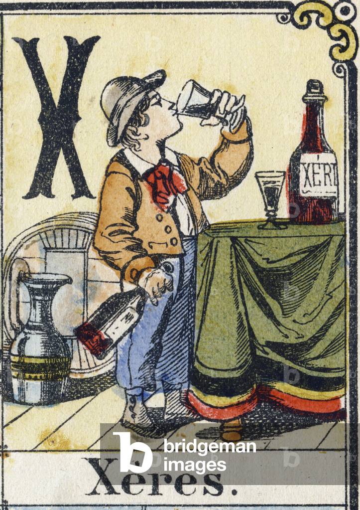 Letter X: Xeres. Recreative alphabet. Epinal imaging. Stencilled wood engravings, circa 1880. Small booklet of 16 pages