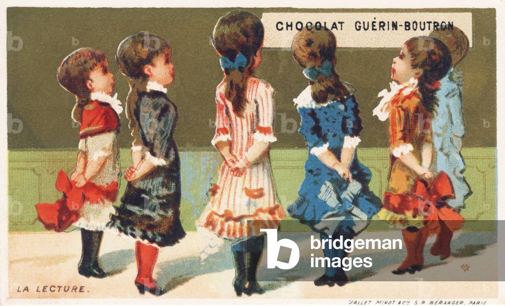 Reading. Six girls on the back and their hands behind the back look at her sign “Chocolate Guerin-Boutron” (chromolithograph)