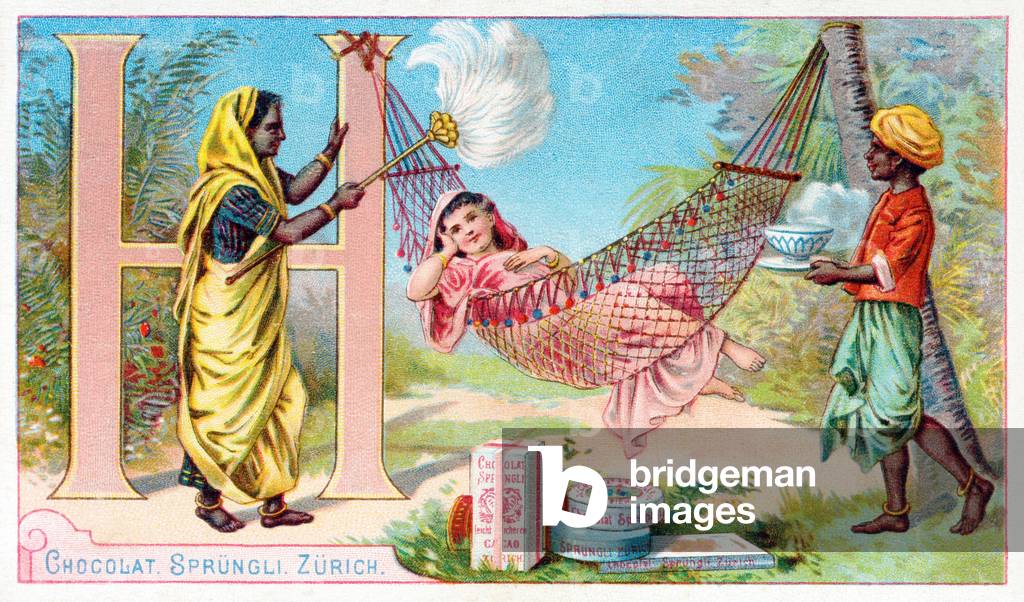 H : Hamac - Hangematte - Illustrated Alphabet Sprungli, c.1890 (chromolithography)