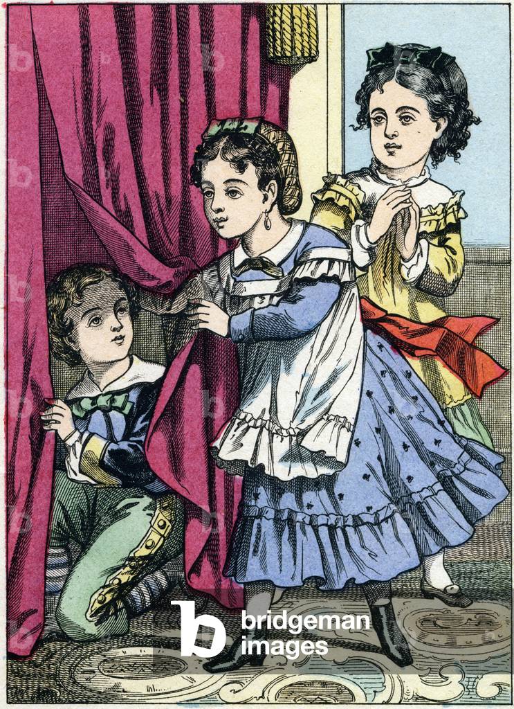 Set of cache and cache. Engraving from the picture album “The games of childhood
