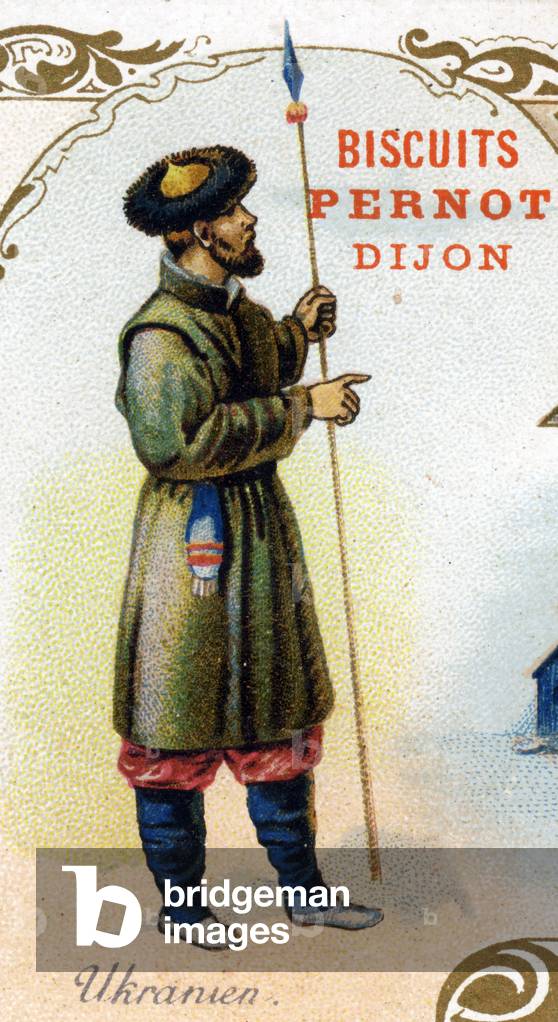 Ukranian male . Edition the Parisian lithograph, end of the 19th century. Series of 25 advertising chromos for the Dijon manufacture of Biscuits Pernot, created in 1869. Detail of the characters in traditional costume
