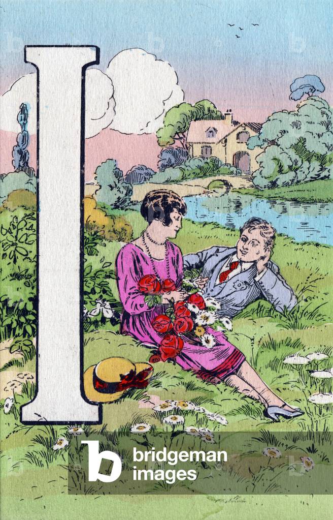 Letter I as indolence, recklessness. Abecedary in postcards. Illustrations by A. Gaillard. Series of 24 cards published before 1930 (Annees Folles). Engraving. Dim: 14x9cm. Private Collection