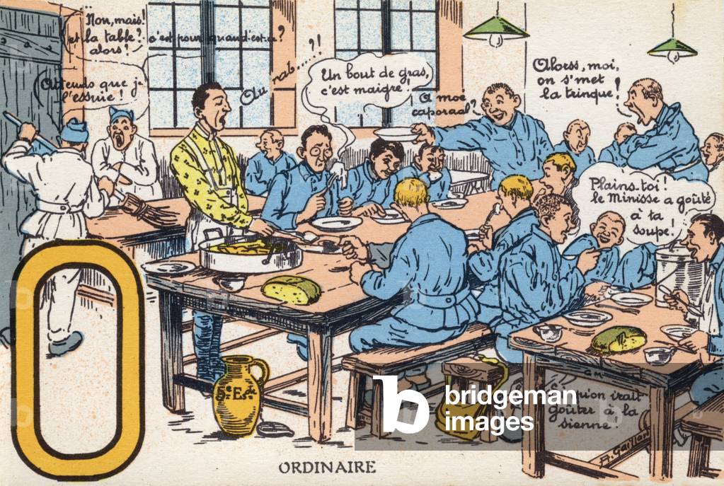 Letter O: Ordinary (military canteen: soldiers taking their meals). Military dorm. Soldier's alphabet. D. 9019, editor, circa 1920 (lithograph)