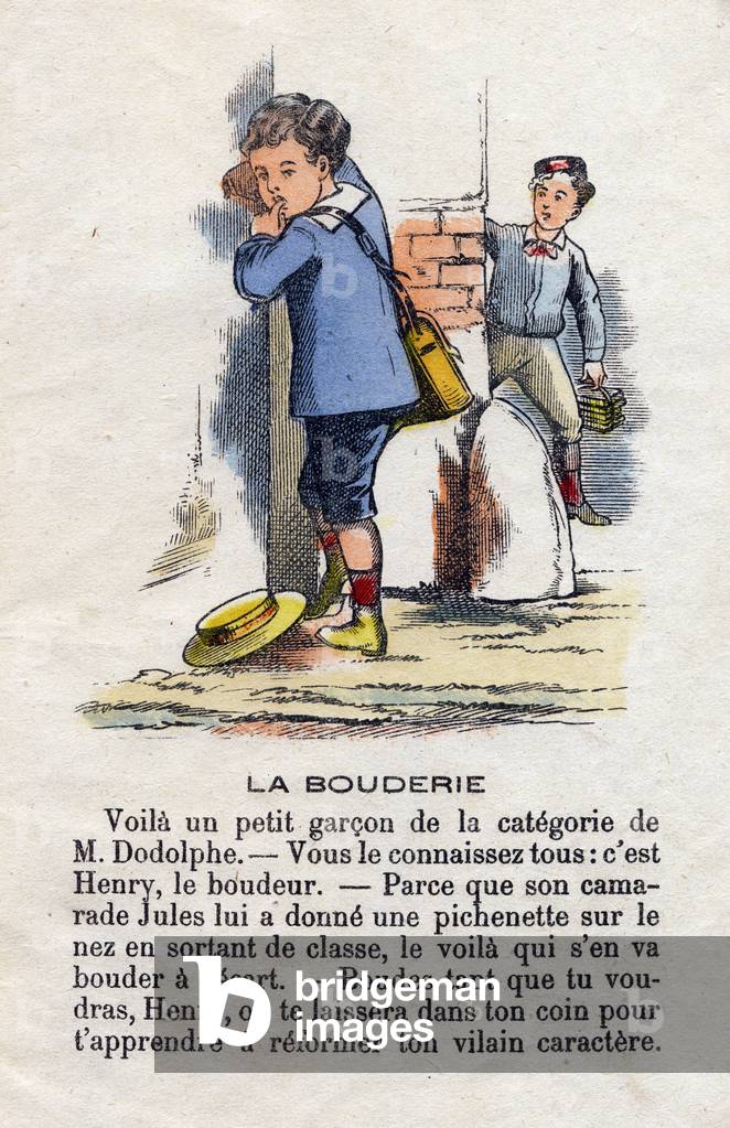The pudding. Capricious child sulking to express his anger. Little boys alphabet. Abecedary has moral value containing reading exercises. Epinal imaging late 19th century