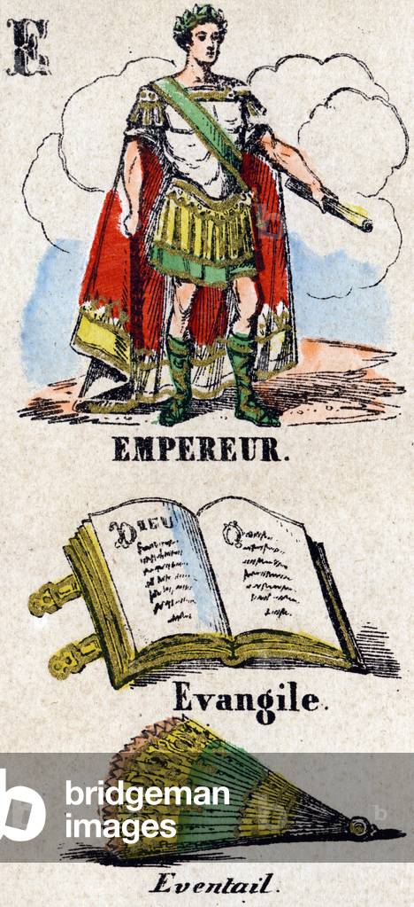 Letter E as emperor. Small encyclopedic alphabet, c.1860 (Epinal print)