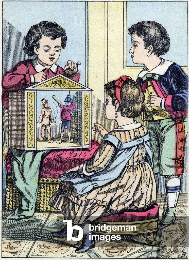 Game of comedy . Engraving from the picture album “The games of childhood