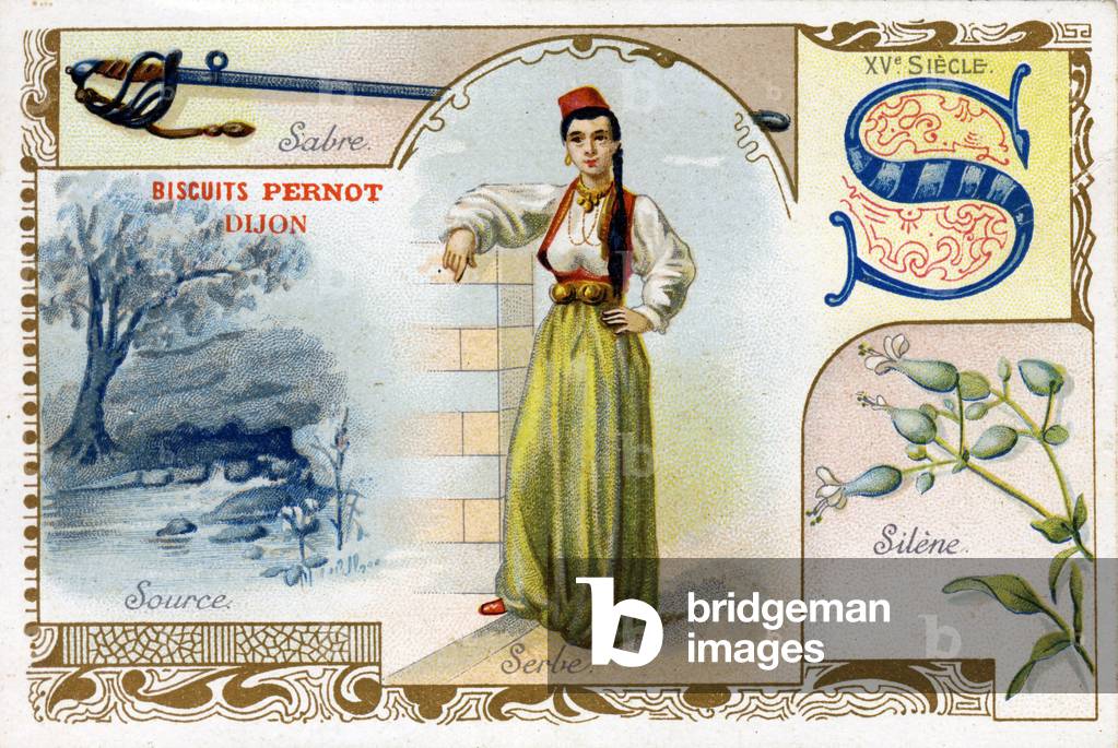 Letter S: 15th century lettrine, Serbian, Source, Silene, Sabre Alphabet illustrates a character in traditional costume, a famous monument, a plant and an object or an insect. Edition the Parisian lithograph, end of the 19th century. Series of 25 advertising chromos for the Dijon manufacture of Biscuits Pernot, created in 1869