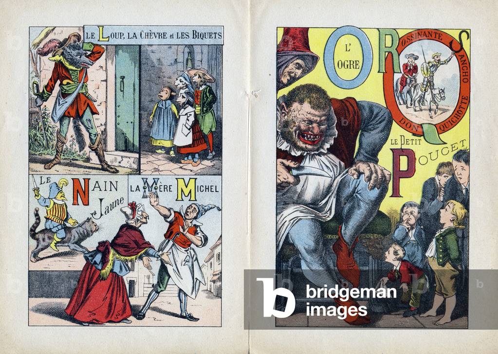 Letters: L M N O P Q R S (central double page). The wolf, the goat and the biquets, La Mere Michel, Le Nain jaune, L'Ogre et le Peucet, Don Quixote, Rossinante and Sancho. Engraving in “” ABC Les Images en Alphabet””. Epinal imaging. Pellerin and Cie, printer-publisher, Epinal, late 19th century, circa 1890. 10 pages. Dim: 19.5 x 13.5 cm. Private Collection