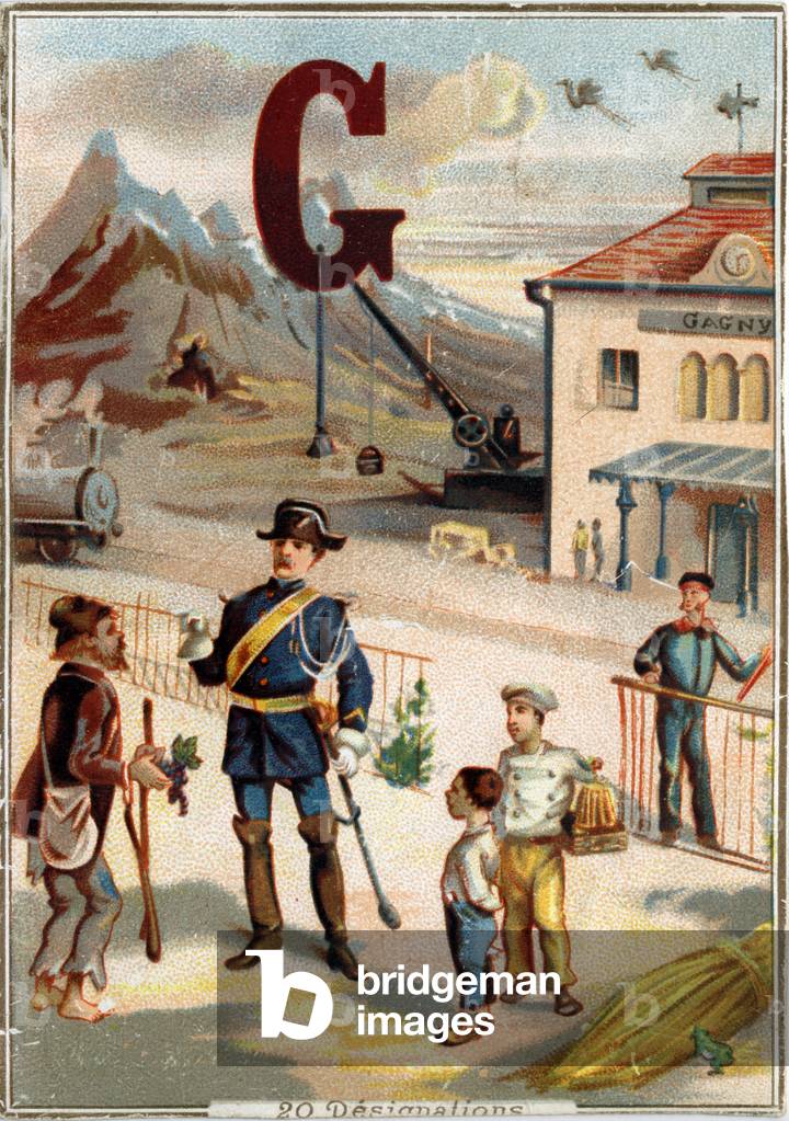 Letter G: gendarme; station; Gagny; crane; frog; cake; gueters; gibeciere; guard; wreath; cave; cranes; kids; glaciers; vane. Alphabet (Abecedaire). In each image, there are a number of illustrious words whose representations are staged. Chromolithographs of Parisian Lithography, circa 1890. Dim: 10,7x7,5cm. Private collection.
