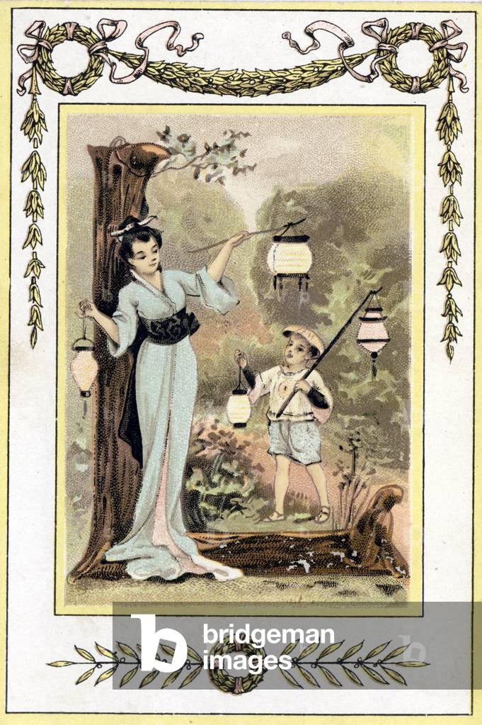 Letter representing a Japanese mother and her son with lanterns, late 19th century (chromolithograph)