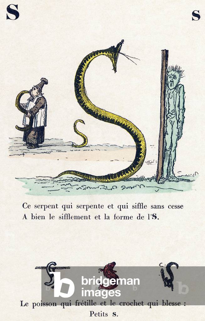 Letter S: This snake that winds and whistles constantly to as th sound and the shape of a S! 1861 (engraving)
